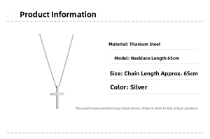 Detail view of silver titanium steel cross pendant showing 65cm chain length and material