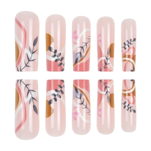 Long coffin press-on nails with abstract pink geometric patterns and black leaf designs