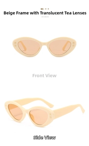 Detail view of beige cat-eye sunglasses with star rivets and tea-tinted lenses