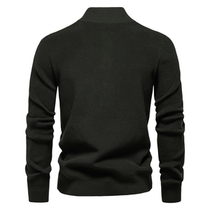 Rear view of dark green knit sweater showing vertical rib texture and standing collar