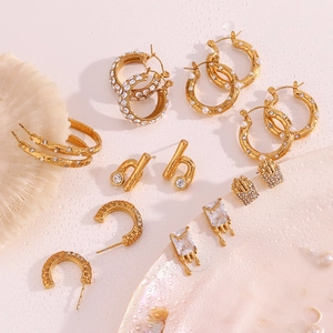 18K gold plated stainless steel earring set with crystal pave and pearl accents