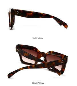 Side and back view of retro tortoiseshell square sunglasses with triple metal rivets