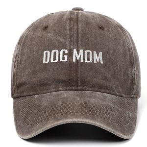Vintage washed charcoal grey baseball cap featuring white DOG MOM embroidery on front