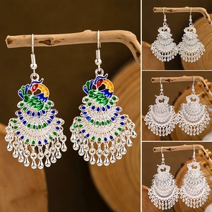 Peacock Phoenix Dangle Earrings Zinc Alloy Enamel Cloisonne Ethnic Retro Bohemian Style Tassel Bell Jewelry Women