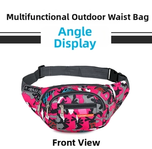 Detailed front view of pink camo waterproof waist bag with multiple zipper compartments