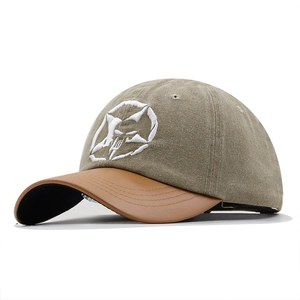 Vintage washed cotton baseball cap with embroidered star logo and brown leather brim