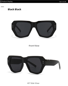 Front and 45-degree side views of black butterfly oversized sunglasses with silver rivets