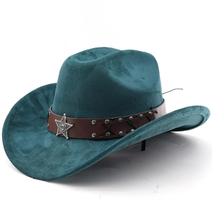 Teal faux suede cowboy hat with brown leather band and silver star emblem on white background