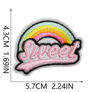 Detailed view of rainbow embroidery patch with Sweet lettering and size dimensions