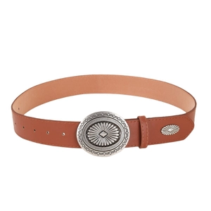 Vintage brown leather belt for women featuring a large engraved oval silver buckle