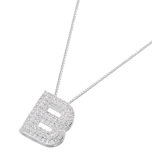 Macro shot of silver letter B pendant with micro-pave zirconia on a box chain