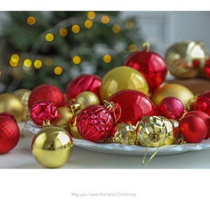 Macro detail of red and gold Christmas ball ornaments with festive glitter and matte finishes