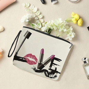 Portable beige cosmetic bag with creative LOVE print and wrist strap for makeup storage