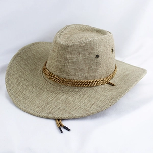 Vue détaillée d'un chapeau de cowboy marron clair avec œillets métalliques et corde tressée