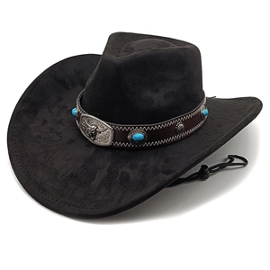 Western black felt cowboy hat with bull head silver buckle and turquoise leather band
