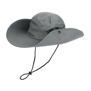 Detail of grey quick-dry fishing hat featuring side mesh panels and adjustable wind cord