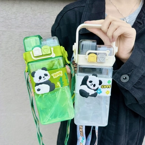 Detail of square panda water bottles with dual straws and adjustable carry straps