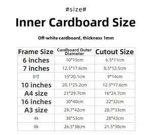 Size chart for picture frame mat inserts showing outer and opening dimensions