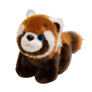 Cute red panda plush toy with striped long tail and blue glitter eyes on white background
