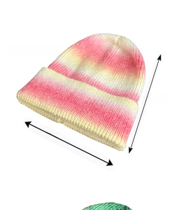 Tie-dye gradient beanie specifications showing 18cm width, 20cm height, and 70g weight