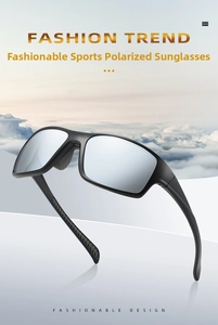 Close-up of polarized sports sunglasses with matte black frames and silver mirror lenses