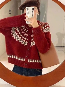 Close-up of Fair Isle jacquard pattern on red vintage knit cardigan with wood buttons