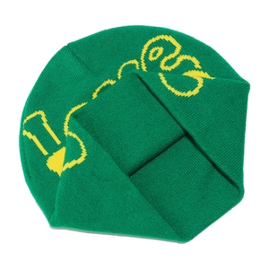 Detailed close-up of thick green knit beanie featuring yellow LOVE jacquard patterns