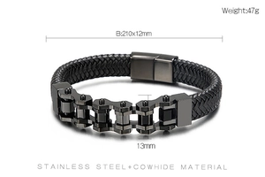 Detail view of black woven leather bracelet with stainless steel gear accents and size info