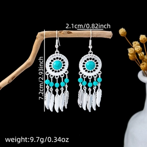 Detail view of Bohemian dreamcatcher earrings with turquoise beads and feather tassels