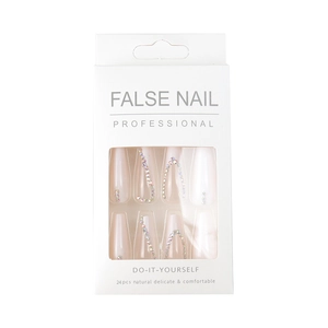 24pcs long coffin false nails in nude pink with rhinestones and crystal designs