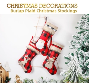 Three-piece buffalo plaid Christmas stockings with Santa, reindeer, and snowman embroidery