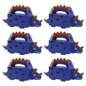 Set of six blue dinosaur-shaped paper candy boxes with orange spine details for baby gifts