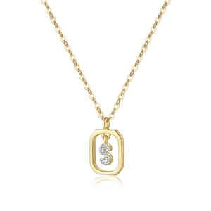 Detail of a 14K gold plated S925 silver rectangle pendant with a zircon encrusted S letter