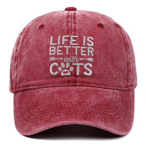 Close-up of Life is Better with Cats embroidery on vintage washed cotton baseball cap