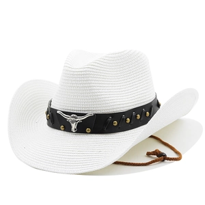 White woven cowboy straw hat featuring a leather band with a silver bull head ornament