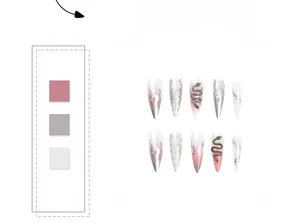 Macro detail of almond press-on nails with silver flame and pink snake pattern