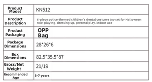 Size chart for kids role play costume set including package dimensions and suitable age range