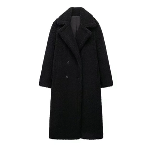 Women's long fleece teddy coat with oversized lapels and double-breasted button design