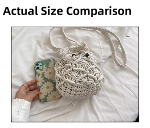 Detailed macro view showing a white cotton woven mini bag next to a smartphone