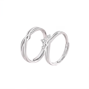 Adjustable S925 sterling silver couple rings set featuring twisted design with zircon stones