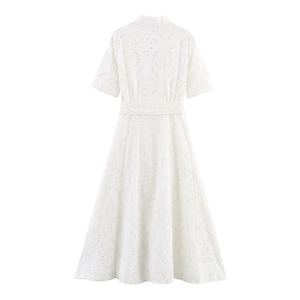 Elegant white hollow out embroidery shirt dress with short sleeves and waist tie