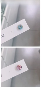 Detail of 8mm iridescent octagon crystal stud earrings in blue and pink hues