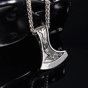 Viking Battle Axe Pendant Necklace Stainless Steel Retro Nordic Rune Double Sided Wolf Eagle Gothic Punk Jewelry