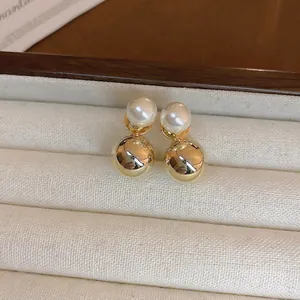 Minimalist Double Sided Stud Earrings With White Imitation Artificial Pearl And Gold Plated Ball 925 Sterling Silver Earring Post