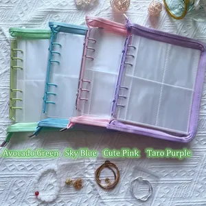 Portable loose-leaf jewelry storage binder with PVC zip bags in four macaron colors