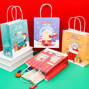Set of Christmas kraft paper gift bags featuring festive snowman and reindeer illustrations