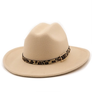 Detail of beige wool fedora featuring leopard print belt and gold buckle accent