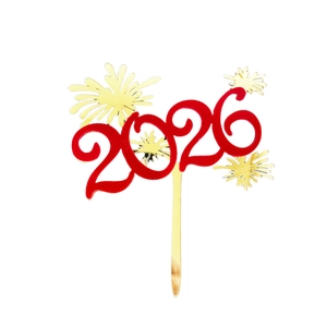 Detail view of 2026 Happy New Year acrylic cake topper with red numbers and gold fireworks