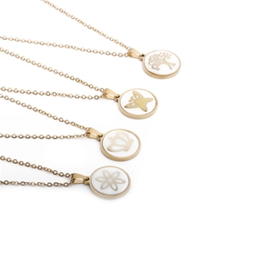 Titanium steel necklaces with white shell flower, tree, butterfly and crown pendants