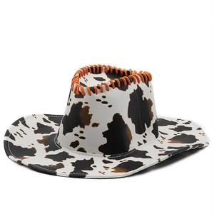 Cowboyhut Damen PU Kunstleder Kuhmuster Retro Western Breite Krempe Geflochtene Details Trendig Reise